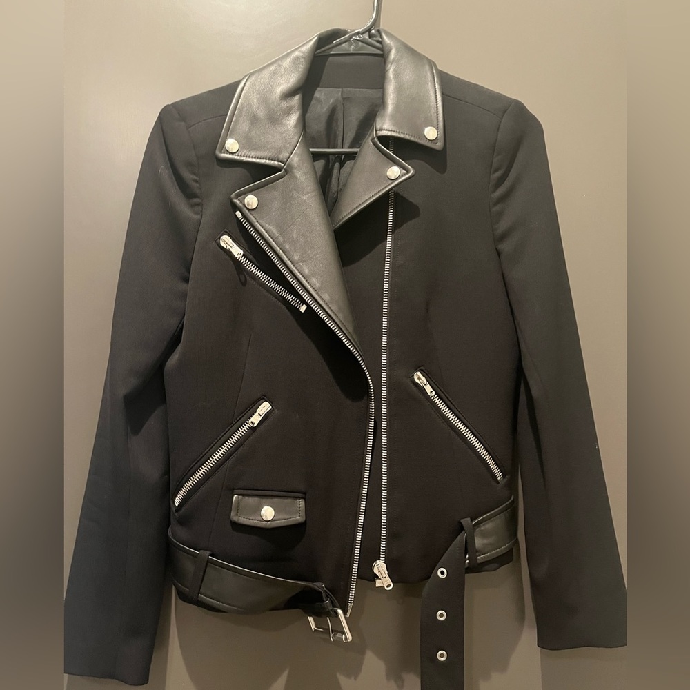 The Kooples black, faux leather trimmed Moto jacket